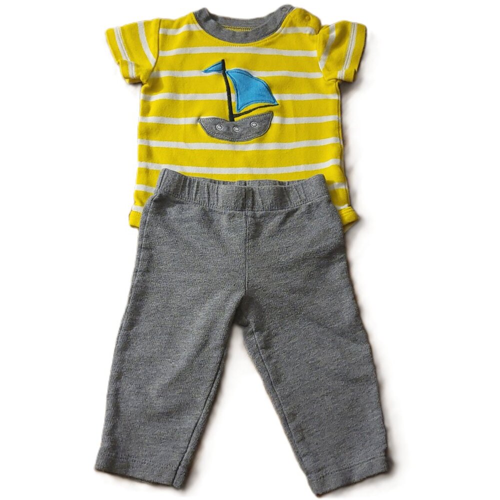 Carter’s 2pc Sailboat Outfit Set 6M Yellow Striped Onesie & Gray Pants